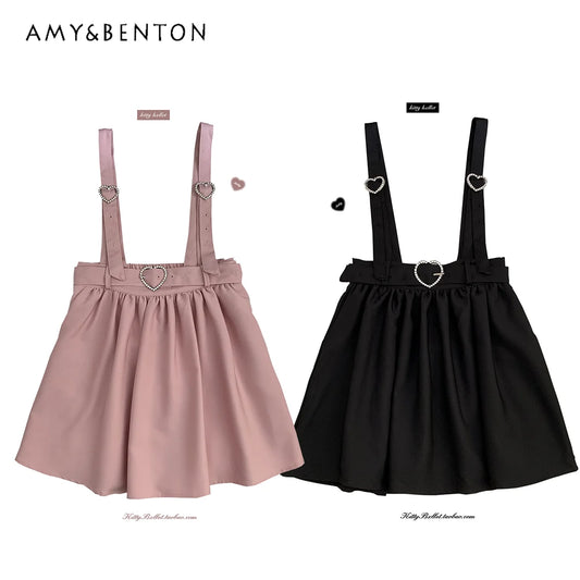 Lolita Heart Buckle Girl Mini Women Skirt 2022 New Korean Fashion Solid Color Short Skirt Ladies Black Pink Skirts